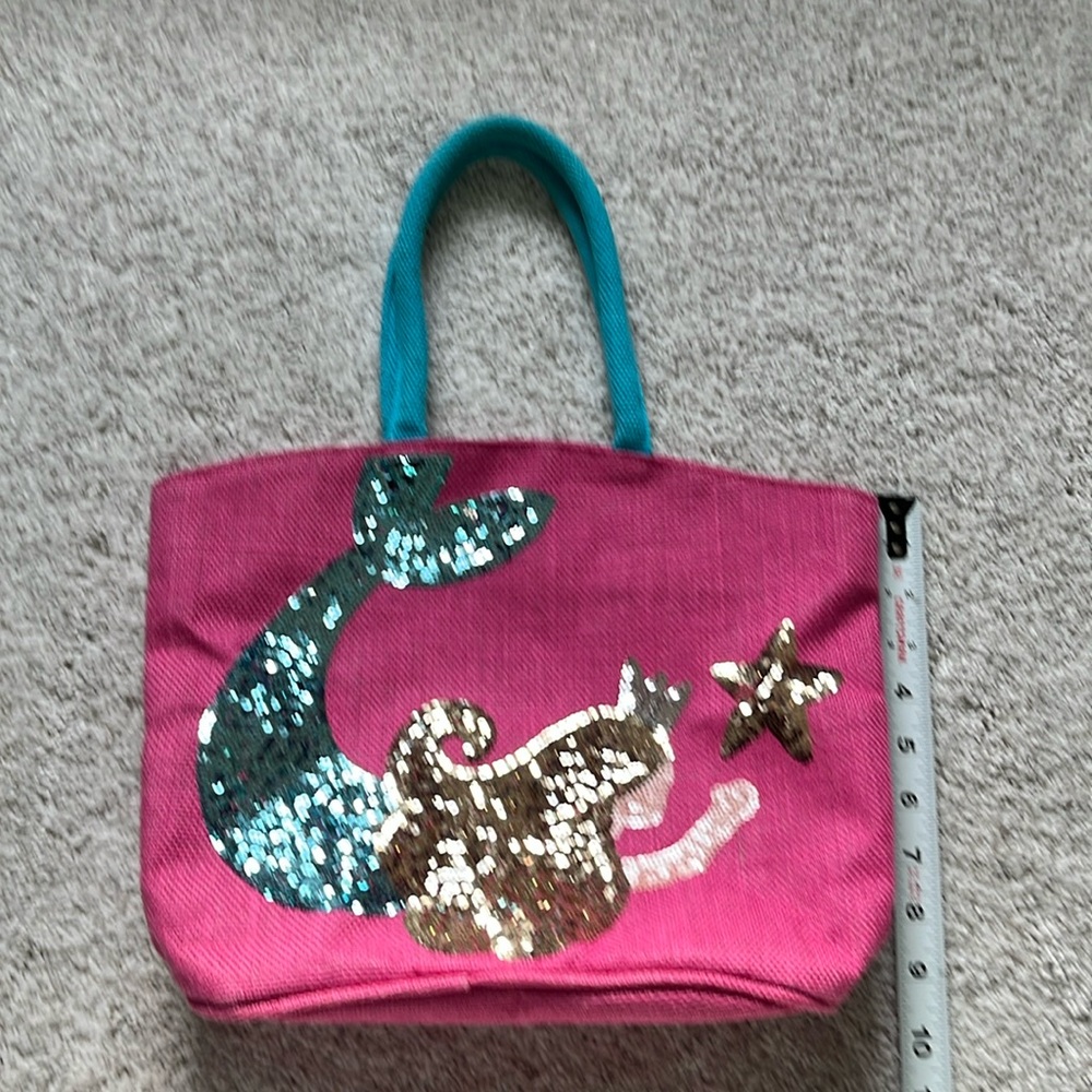 Girls pink and teal mermaid sequins beach bag